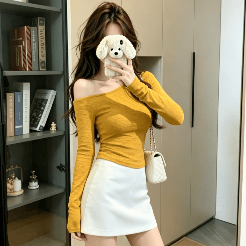 실사 한 부서 품격 착용 가져 가라. 황색 비스듬한 어깨 몸매 가꾸기 긴팔 티셔츠 여성 달콤한 매운맛 바람 인사이드 가져 가라. 만나는 이른 봄 맨위 이미지 2