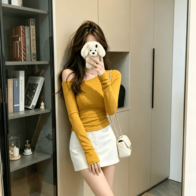 실사 한 부서 품격 착용 가져 가라. 황색 비스듬한 어깨 몸매 가꾸기 긴팔 티셔츠 여성 달콤한 매운맛 바람 인사이드 가져 가라. 만나는 이른 봄 맨위 상세 이미지 2
