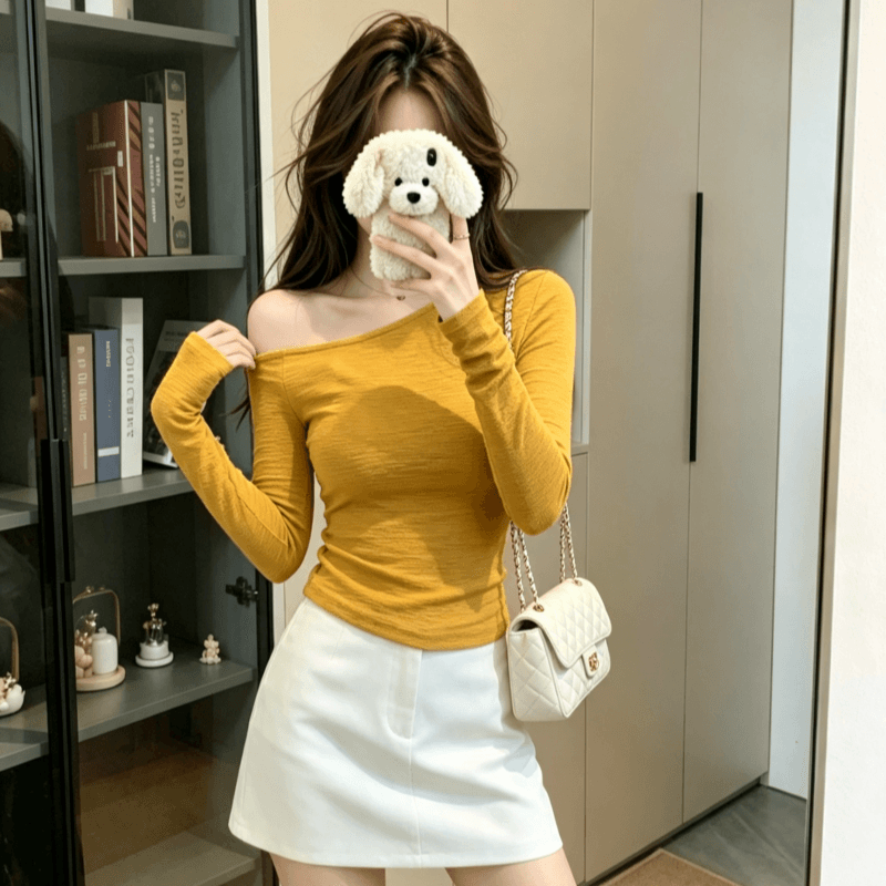 실사 한 부서 품격 착용 가져 가라. 황색 비스듬한 어깨 몸매 가꾸기 긴팔 티셔츠 여성 달콤한 매운맛 바람 인사이드 가져 가라. 만나는 이른 봄 맨위 상세 이미지 3