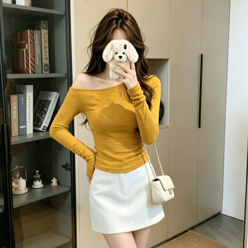 실사 한 부서 품격 착용 가져 가라. 황색 비스듬한 어깨 몸매 가꾸기 긴팔 티셔츠 여성 달콤한 매운맛 바람 인사이드 가져 가라. 만나는 이른 봄 맨위 상세 이미지 5