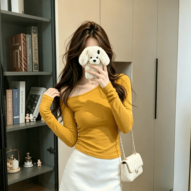 실사 한 부서 품격 착용 가져 가라. 황색 비스듬한 어깨 몸매 가꾸기 긴팔 티셔츠 여성 달콤한 매운맛 바람 인사이드 가져 가라. 만나는 이른 봄 맨위 상세 이미지 6