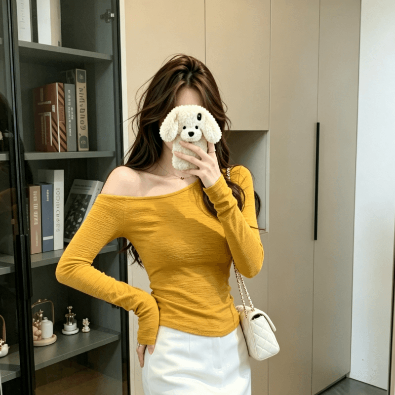 실사 한 부서 품격 착용 가져 가라. 황색 비스듬한 어깨 몸매 가꾸기 긴팔 티셔츠 여성 달콤한 매운맛 바람 인사이드 가져 가라. 만나는 이른 봄 맨위 상세 이미지 7