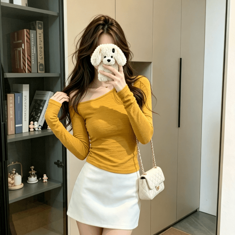 실사 한 부서 품격 착용 가져 가라. 황색 비스듬한 어깨 몸매 가꾸기 긴팔 티셔츠 여성 달콤한 매운맛 바람 인사이드 가져 가라. 만나는 이른 봄 맨위 상세 이미지 8