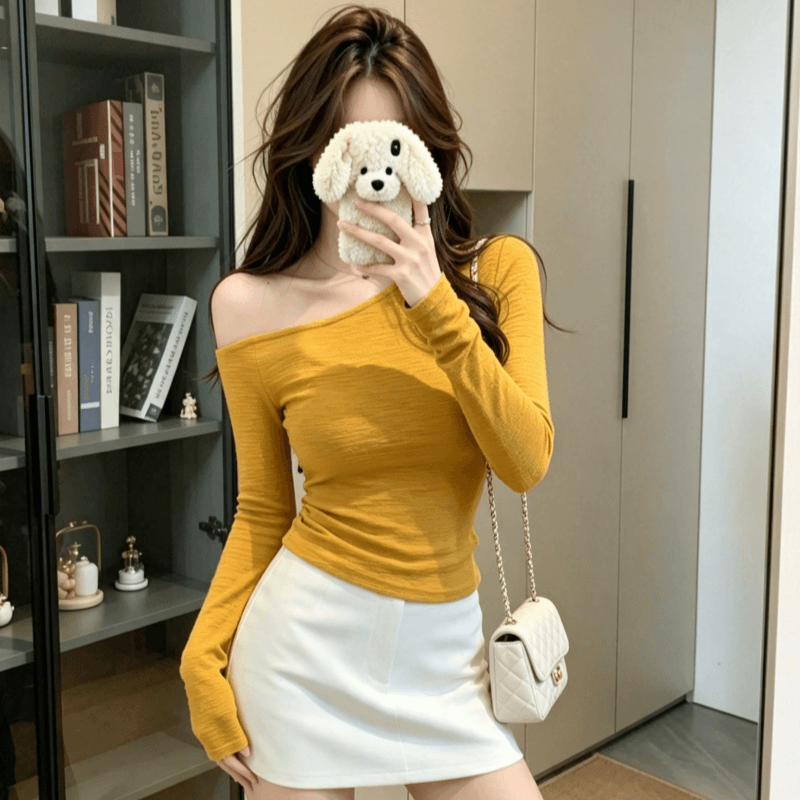 실사 한 부서 품격 착용 가져 가라. 황색 비스듬한 어깨 몸매 가꾸기 긴팔 티셔츠 여성 달콤한 매운맛 바람 인사이드 가져 가라. 만나는 이른 봄 맨위 상세 이미지 9