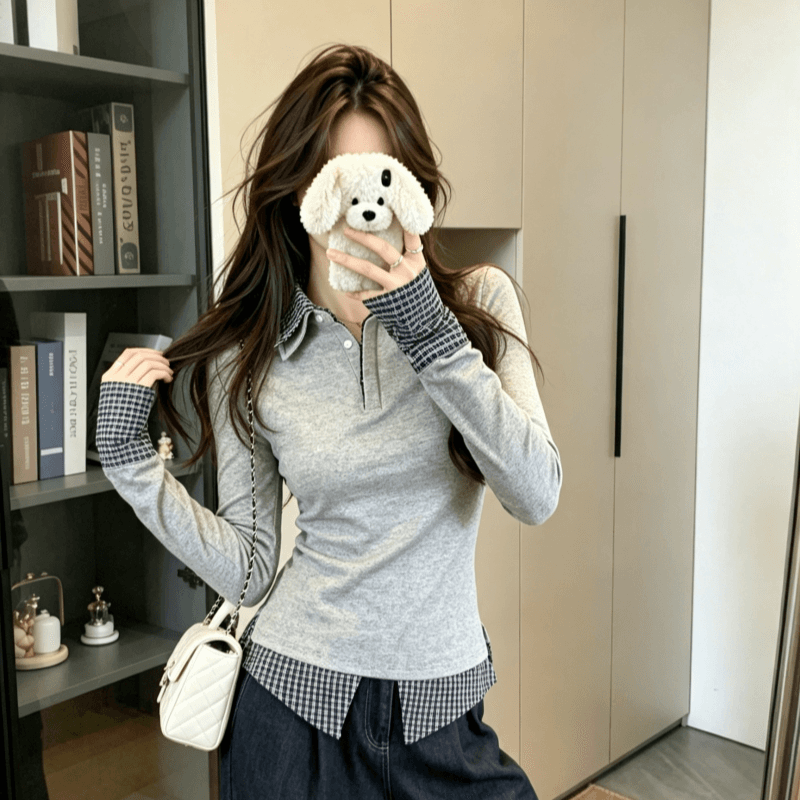 실사 2026 가을 새로운 회색 패치워크 페이크 레이어드 POLO 칼라 폴로 칼라 티셔츠 여성 가을 긴팔 맨위