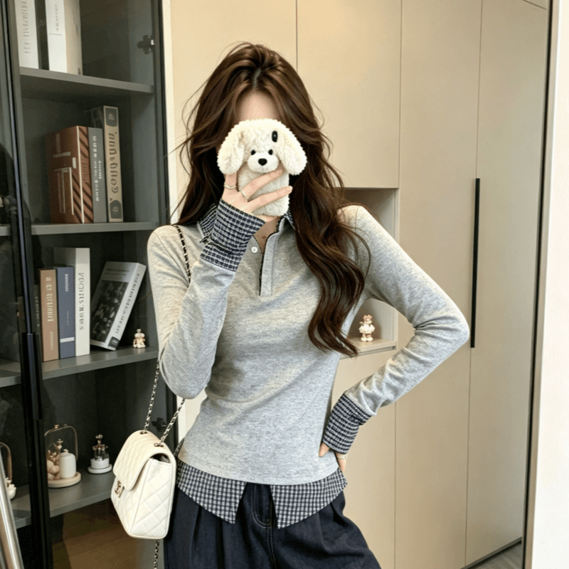 실사 2026 가을 새로운 회색 패치워크 페이크 레이어드 POLO 칼라 폴로 칼라 티셔츠 여성 가을 긴팔 맨위 이미지 5