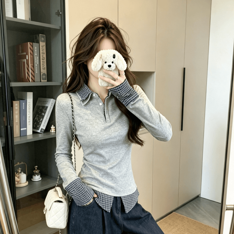 실사 2026 가을 새로운 회색 패치워크 페이크 레이어드 POLO 칼라 폴로 칼라 티셔츠 여성 가을 긴팔 맨위 이미지 4