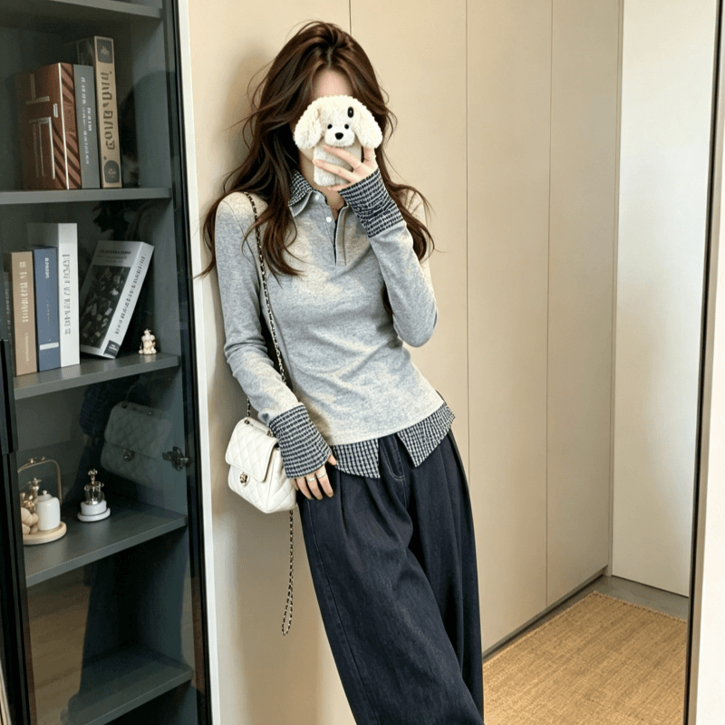실사 2026 가을 새로운 회색 패치워크 페이크 레이어드 POLO 칼라 폴로 칼라 티셔츠 여성 가을 긴팔 맨위 상세 이미지 2
