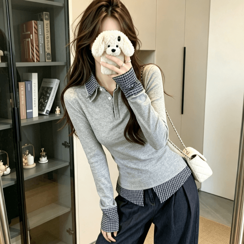 실사 2026 가을 새로운 회색 패치워크 페이크 레이어드 POLO 칼라 폴로 칼라 티셔츠 여성 가을 긴팔 맨위 상세 이미지 3
