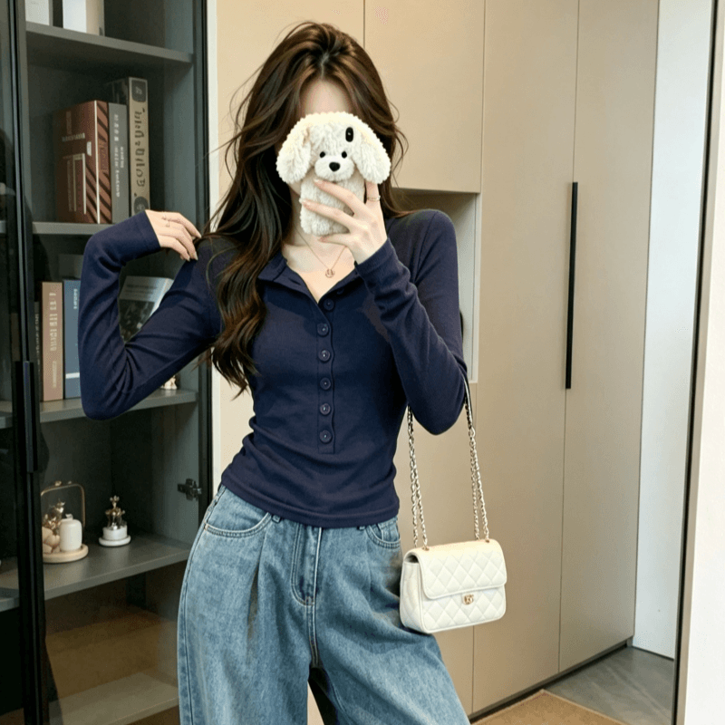 실사 아메리칸 핫걸 티셔츠 여성 타이트 슬림해 보이는 기본 셔츠 2026 봄 가을 긍정적 인 어깨 단추 디자인 긴팔 맨위 상세 이미지 6