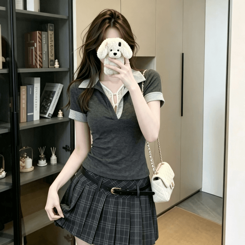 실사 정가 한 부서 핫걸 POLO 칼라 반팔 티셔츠 여름 허리 수축 플리츠 스커트 투피스 세트