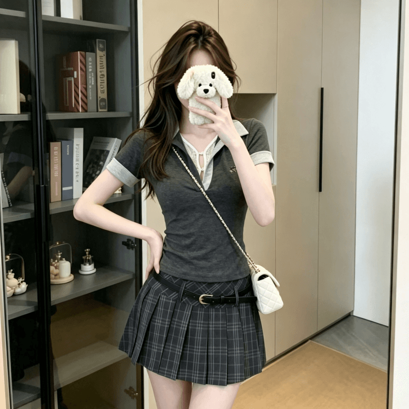 실사 정가 한 부서 핫걸 POLO 칼라 반팔 티셔츠 여름 허리 수축 플리츠 스커트 투피스 세트 상세 이미지 8