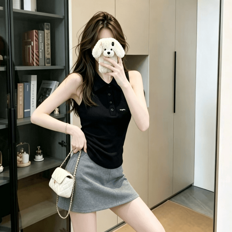 실사 아메리칸 레트로 polo 폴로 칼라 민소매 티셔츠 여성 여름 외출용 맨위 핫걸 어깨 상세 이미지 2