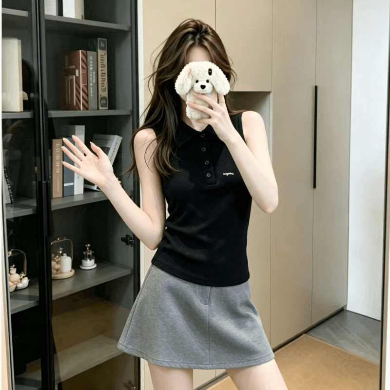 실사 아메리칸 레트로 polo 폴로 칼라 민소매 티셔츠 여성 여름 외출용 맨위 핫걸 어깨 상세 이미지 3