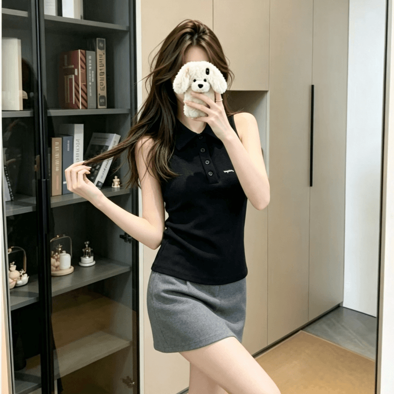 실사 아메리칸 레트로 polo 폴로 칼라 민소매 티셔츠 여성 여름 외출용 맨위 핫걸 어깨 상세 이미지 6