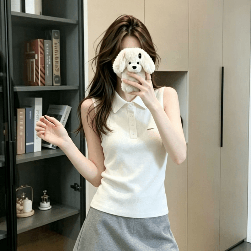 실사 아메리칸 레트로 polo 폴로 칼라 민소매 티셔츠 여성 여름 외출용 맨위 핫걸 어깨 상세 이미지 8