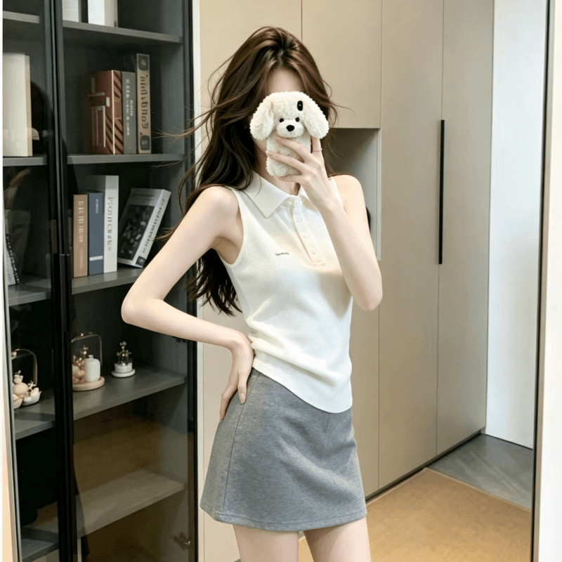 실사 아메리칸 레트로 polo 폴로 칼라 민소매 티셔츠 여성 여름 외출용 맨위 핫걸 어깨 상세 이미지 9