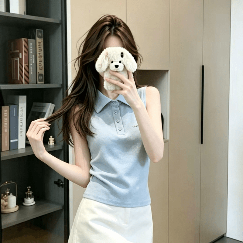 실사 아메리칸 레트로 polo 폴로 칼라 민소매 티셔츠 여성 여름 외출용 맨위 핫걸 어깨 상세 이미지 10