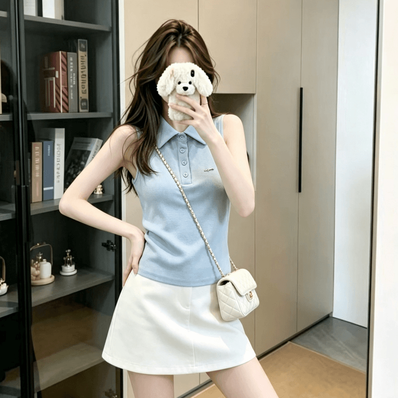 실사 아메리칸 레트로 polo 폴로 칼라 민소매 티셔츠 여성 여름 외출용 맨위 핫걸 어깨 상세 이미지 11
