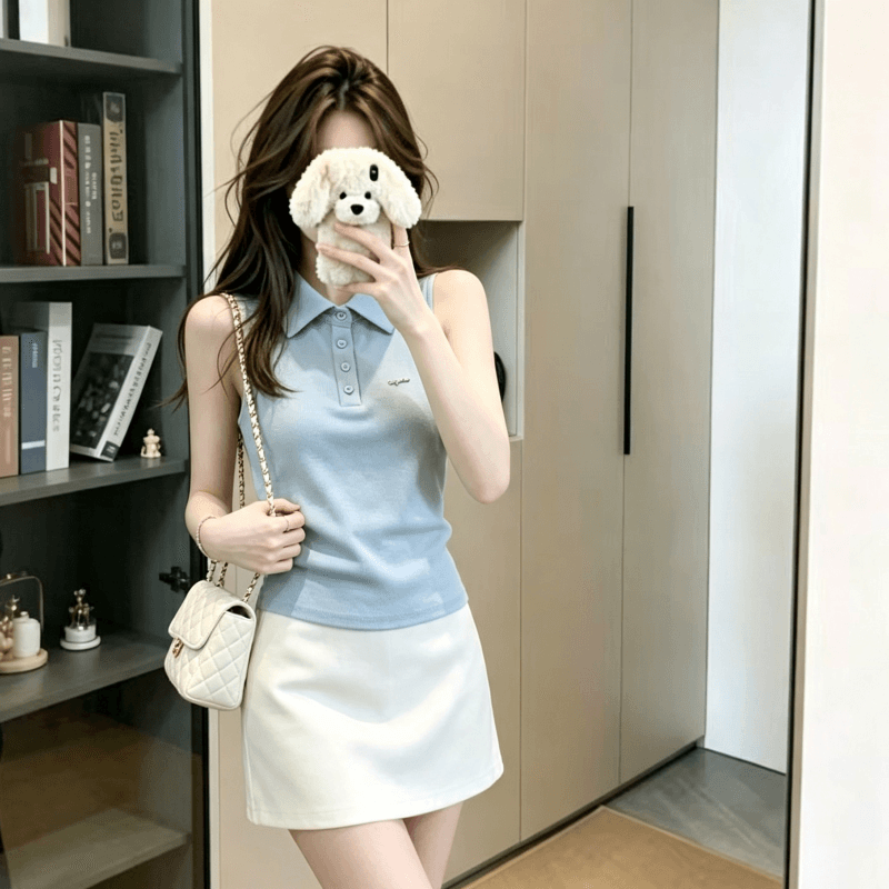 실사 아메리칸 레트로 polo 폴로 칼라 민소매 티셔츠 여성 여름 외출용 맨위 핫걸 어깨 상세 이미지 12