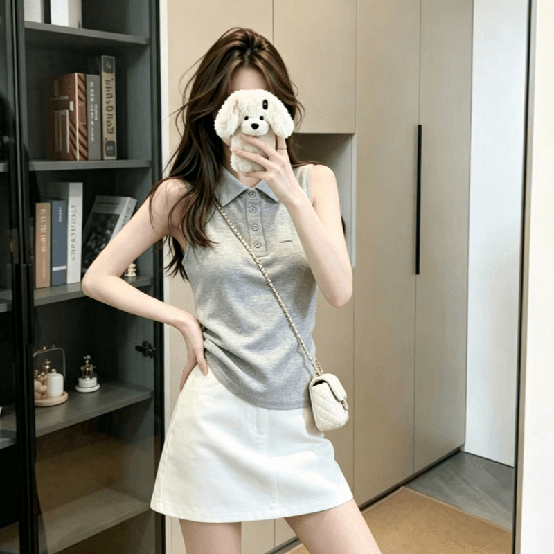 실사 아메리칸 레트로 polo 폴로 칼라 민소매 티셔츠 여성 여름 외출용 맨위 핫걸 어깨 상세 이미지 13