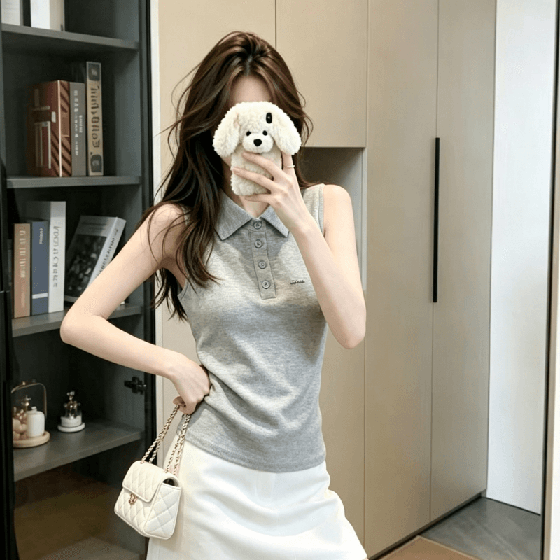 실사 아메리칸 레트로 polo 폴로 칼라 민소매 티셔츠 여성 여름 외출용 맨위 핫걸 어깨 상세 이미지 15
