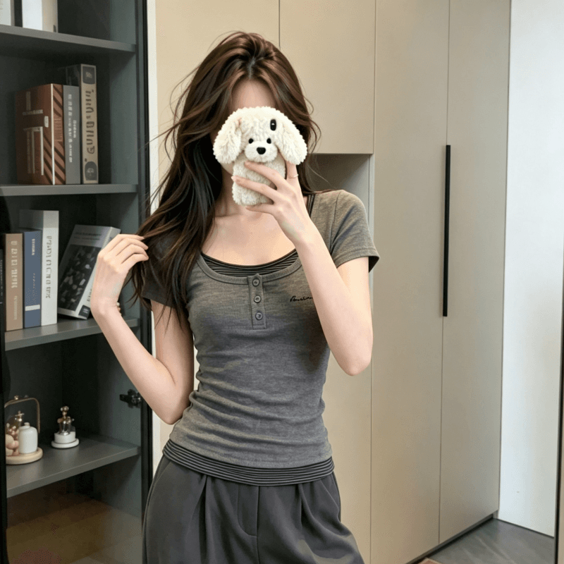 실사 반팔 티셔츠 여성 의류 여름 새로운 디자인 센스 몸매 가꾸기 스트라이프 페이크 레이어드 한 부서 라운드 넥 맨위 상세 이미지 7