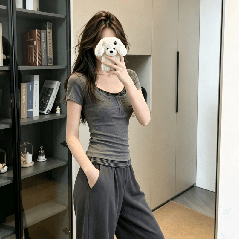 실사 반팔 티셔츠 여성 의류 여름 새로운 디자인 센스 몸매 가꾸기 스트라이프 페이크 레이어드 한 부서 라운드 넥 맨위 상세 이미지 8