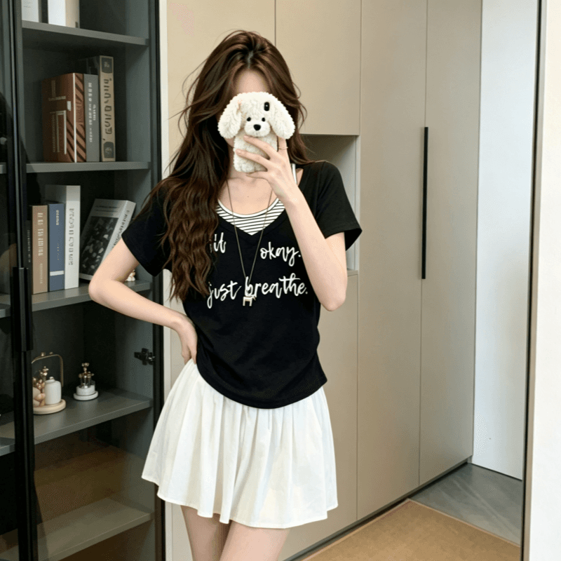 실사 반팔 티셔츠 여성 의류 여름 새로운 프린트 트렌디 한 부서 스트라이프 페이크 레이어드 디자인 센스 u 칼라 맨위 상세 이미지 4