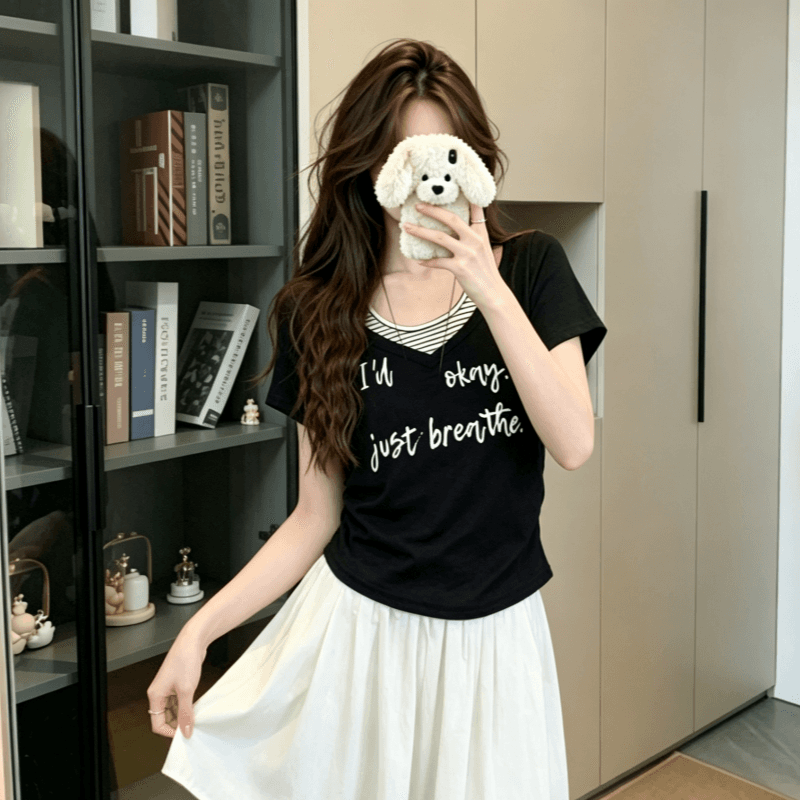 실사 반팔 티셔츠 여성 의류 여름 새로운 프린트 트렌디 한 부서 스트라이프 페이크 레이어드 디자인 센스 u 칼라 맨위 상세 이미지 5