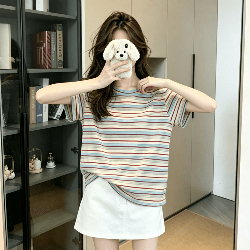 실사 반팔 티셔츠 여성 의류 여름 새로운 트렌디 한 부서 디자인 센스 배색 레트로 스트라이프 라운드 넥 맨위 이미지 2