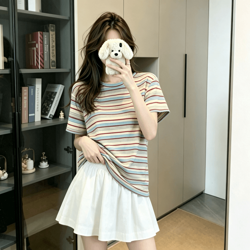 실사 반팔 티셔츠 여성 의류 여름 새로운 트렌디 한 부서 디자인 센스 배색 레트로 스트라이프 라운드 넥 맨위 이미지 4