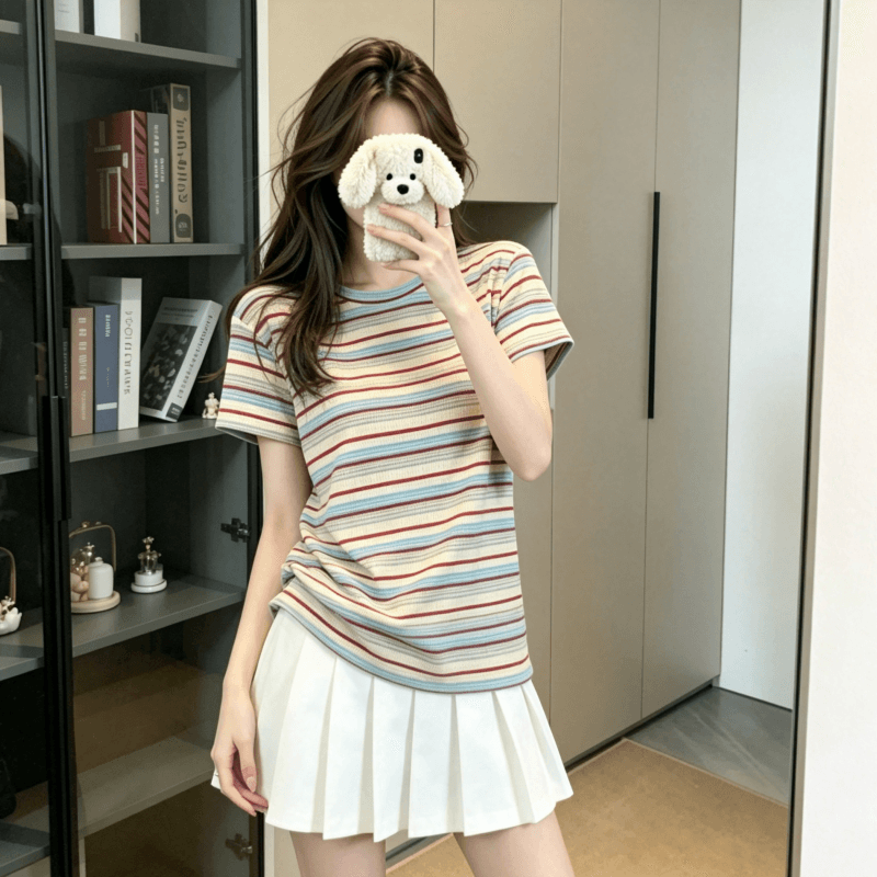 실사 반팔 티셔츠 여성 의류 여름 새로운 트렌디 한 부서 디자인 센스 배색 레트로 스트라이프 라운드 넥 맨위 상세 이미지 3