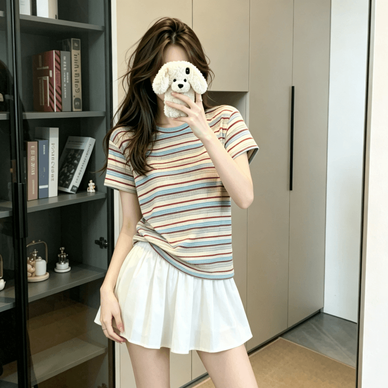 실사 반팔 티셔츠 여성 의류 여름 새로운 트렌디 한 부서 디자인 센스 배색 레트로 스트라이프 라운드 넥 맨위 상세 이미지 7