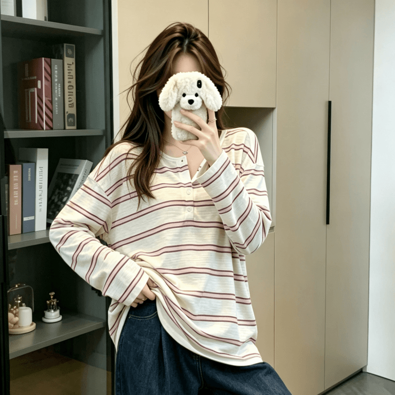 실사 2026 가을 새로운 스트라이프 자외선 차단 티셔츠 여성 긴 소매 블라우스 느긋한 한 부서 캐주얼 루즈핏 맨위 상세 이미지 2