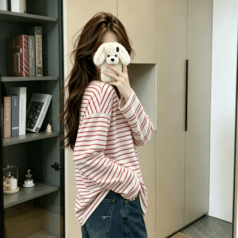 실사 2026 가을 새로운 스트라이프 자외선 차단 티셔츠 여성 긴 소매 블라우스 느긋한 한 부서 캐주얼 루즈핏 맨위 상세 이미지 7