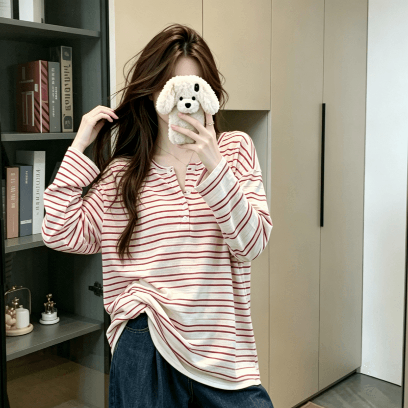 실사 2026 가을 새로운 스트라이프 자외선 차단 티셔츠 여성 긴 소매 블라우스 느긋한 한 부서 캐주얼 루즈핏 맨위 상세 이미지 8