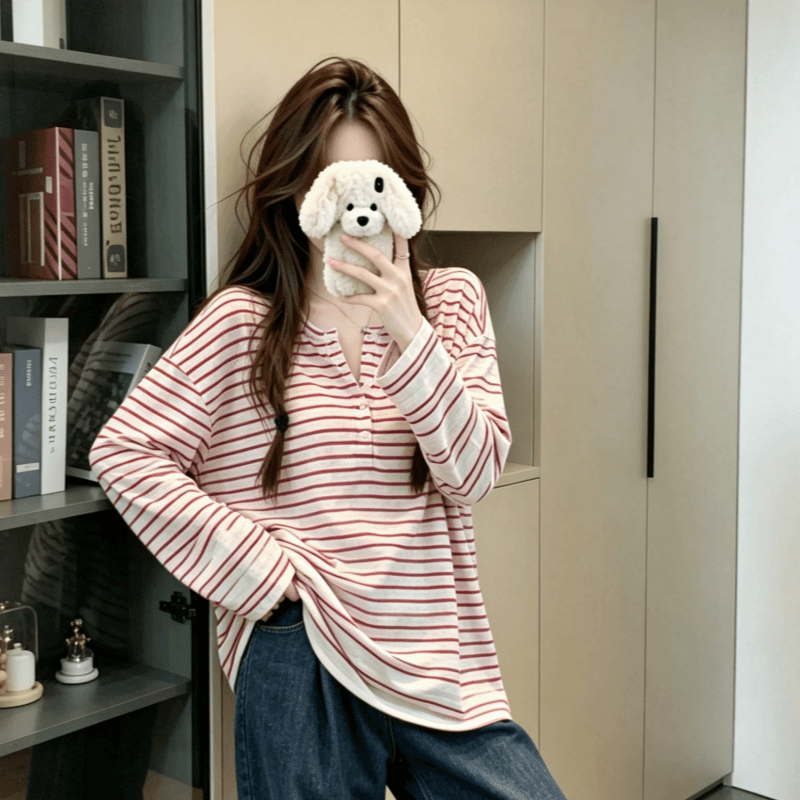 실사 2026 가을 새로운 스트라이프 자외선 차단 티셔츠 여성 긴 소매 블라우스 느긋한 한 부서 캐주얼 루즈핏 맨위 상세 이미지 9