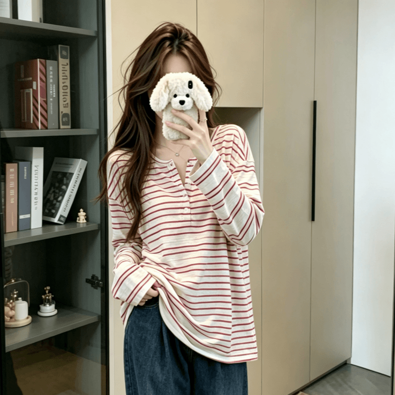실사 2026 가을 새로운 스트라이프 자외선 차단 티셔츠 여성 긴 소매 블라우스 느긋한 한 부서 캐주얼 루즈핏 맨위 상세 이미지 11