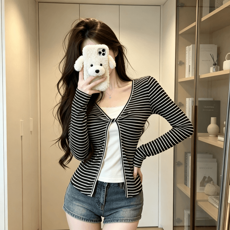 실사 정가 페이크 레이어드 긴팔 티셔츠 여성 가을 한 부서 몸매 가꾸기 고급 슬림해 보이는 쇼트 스타일 작은 맨위 이미지 5