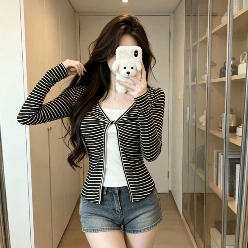 실사 정가 페이크 레이어드 긴팔 티셔츠 여성 가을 한 부서 몸매 가꾸기 고급 슬림해 보이는 쇼트 스타일 작은 맨위 상세 이미지 6