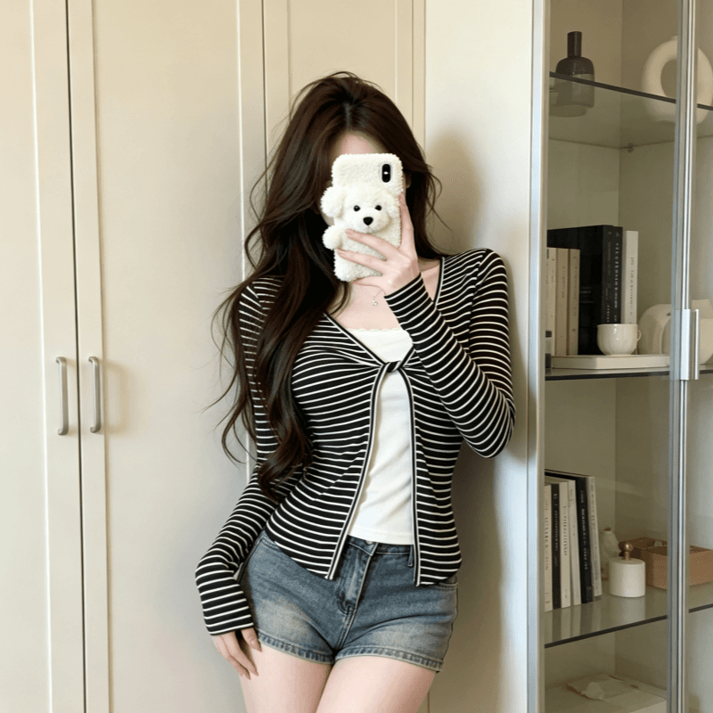 실사 정가 페이크 레이어드 긴팔 티셔츠 여성 가을 한 부서 몸매 가꾸기 고급 슬림해 보이는 쇼트 스타일 작은 맨위 상세 이미지 8
