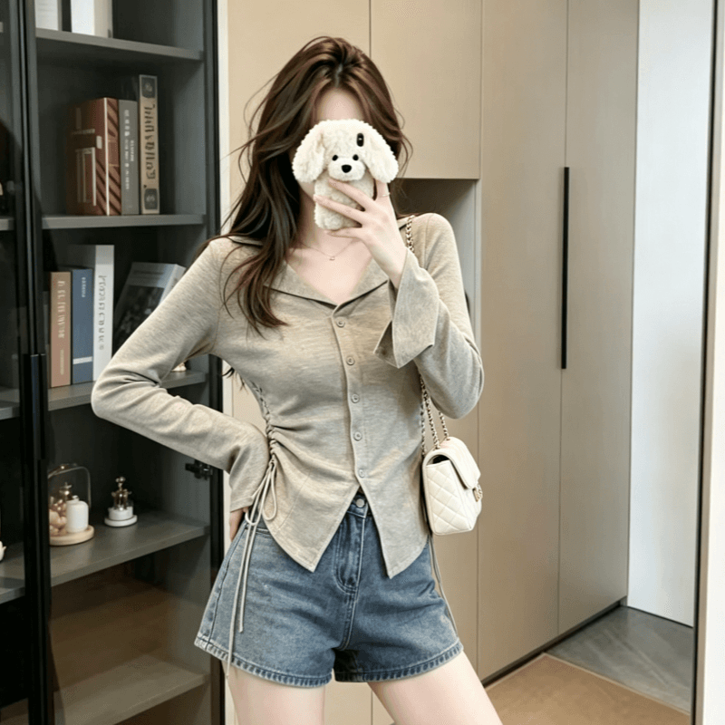 실사 얇은 스타일 2026 가을 새로운 단색 쇼트 스타일 재킷 폴로 칼라 맨위 긴팔 티셔츠 이미지 5
