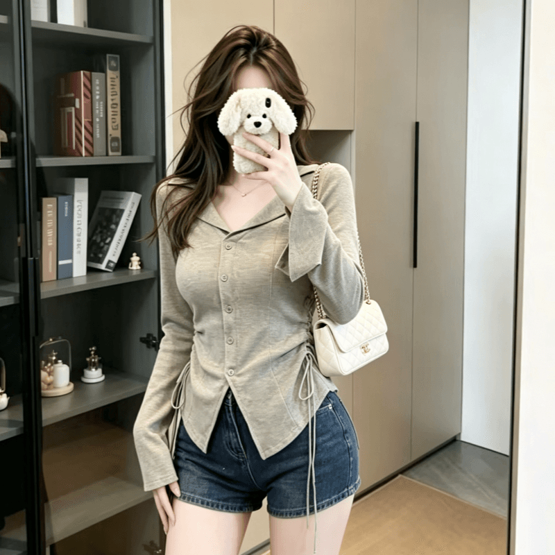 실사 얇은 스타일 2026 가을 새로운 단색 쇼트 스타일 재킷 폴로 칼라 맨위 긴팔 티셔츠 이미지 3