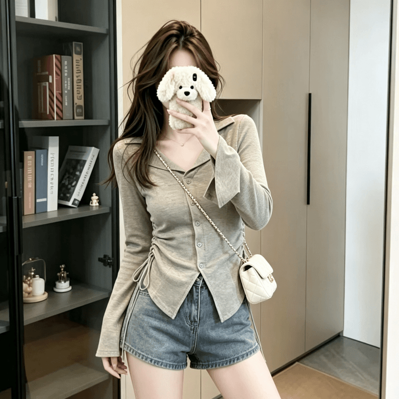 실사 얇은 스타일 2026 가을 새로운 단색 쇼트 스타일 재킷 폴로 칼라 맨위 긴팔 티셔츠