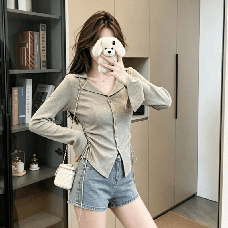 실사 얇은 스타일 2026 가을 새로운 단색 쇼트 스타일 재킷 폴로 칼라 맨위 긴팔 티셔츠 상세 이미지 8