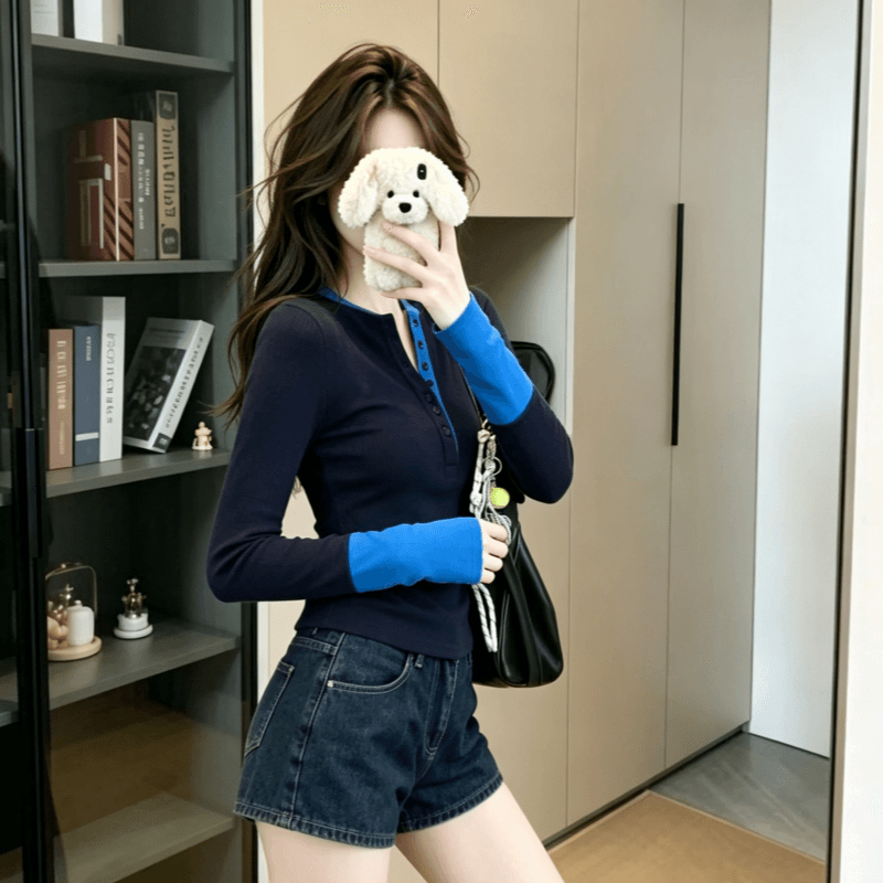 실사 아메리칸 복잡한 고대 돈 바람 배색 긴팔 티셔츠 2026 이른 가을 새로운 몸매 가꾸기 인사이드 가져 가라. 기본 셔츠 맨위 이미지 2
