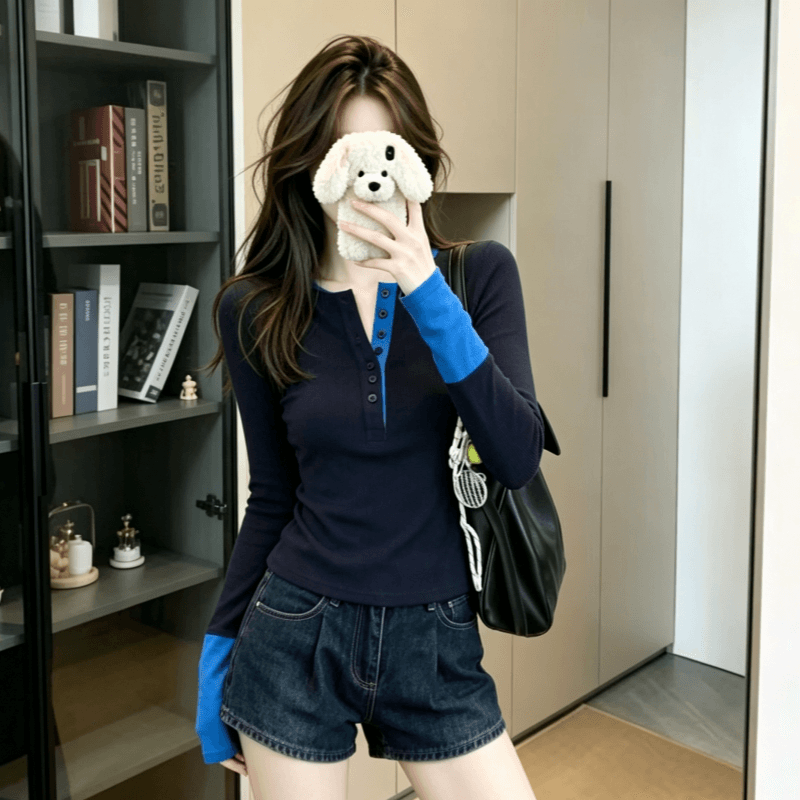실사 아메리칸 복잡한 고대 돈 바람 배색 긴팔 티셔츠 2026 이른 가을 새로운 몸매 가꾸기 인사이드 가져 가라. 기본 셔츠 맨위 이미지 4
