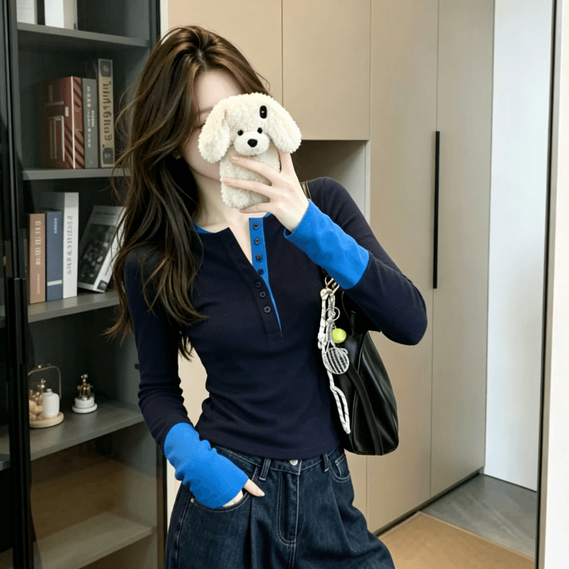 실사 아메리칸 복잡한 고대 돈 바람 배색 긴팔 티셔츠 2026 이른 가을 새로운 몸매 가꾸기 인사이드 가져 가라. 기본 셔츠 맨위