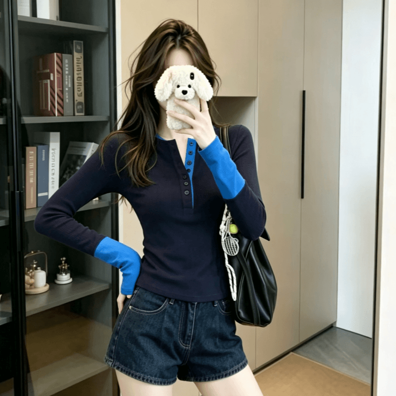 실사 아메리칸 복잡한 고대 돈 바람 배색 긴팔 티셔츠 2026 이른 가을 새로운 몸매 가꾸기 인사이드 가져 가라. 기본 셔츠 맨위 이미지 5